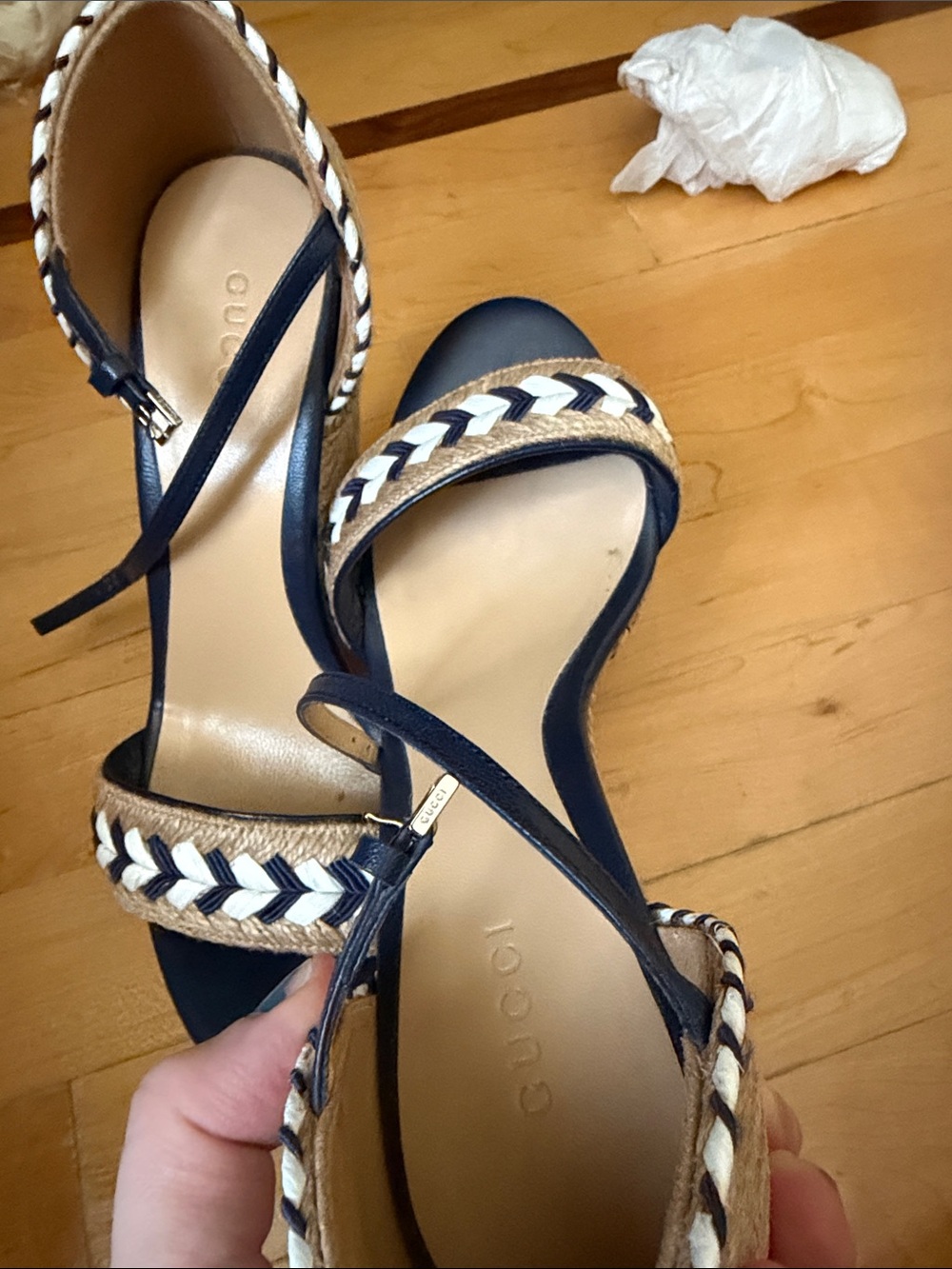 Gucci Navy and Tan Braided Espadrille Wedge Sandals - Picture 9 of 14